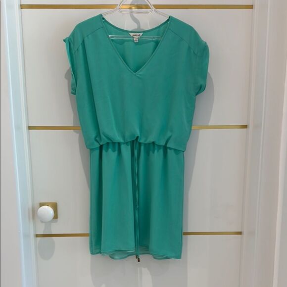 STYLE LOFT Teal Turquoise short lined cap sleeve V-Neck  Dress with belt  small - Picture 1 of 9